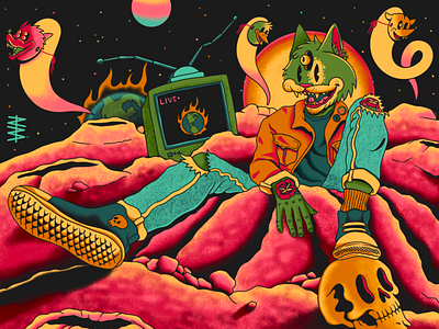 World On Fire cat illustration punkart space