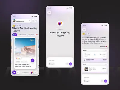 AI-Powered Travel Planner ai travel app design aiux appdesign cleandesign cleanui figmadesign framerdesign itenerarybuilder minimaldesign mobiledesign mobileuiux smarttravel tripplanningapp ui uide uiuxdesign userexperience