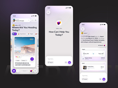 AI-Powered Travel Planner ai travel app design aiux appdesign cleandesign cleanui figmadesign framerdesign itenerarybuilder minimaldesign mobiledesign mobileuiux smarttravel tripplanningapp ui uide uiuxdesign userexperience