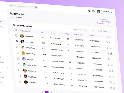 Online School Management List Dashboard crm crm dashboard crm ui dashboard dashboard design data analysis digital platform finance list saas saas design school dashboard school management school management dashboard students table web dashboard web design website design