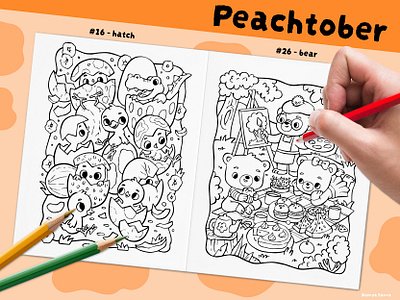 A Month of Creativity: 31 Peachtober Coloring Pages adobe illustrator black and white cartoon challenge character character design children coloring book coloring page cute character for kids illustration inktober magic world peachtober
