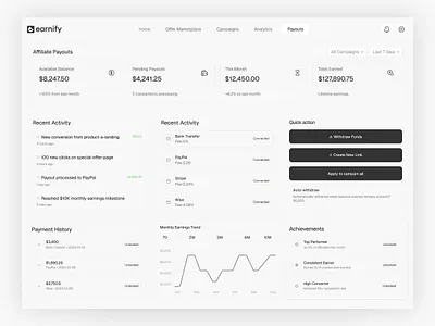Earnify | Affiliate Payouts Dashboard UI affiliate analytics dashboard earnings finance management modern payouts revenue tracker saas ui ux