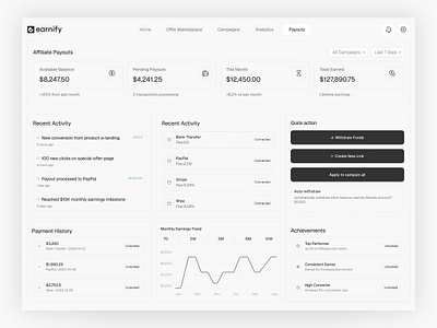 Earnify | Affiliate Payouts Dashboard UI affiliate analytics dashboard earnings finance management modern payouts revenue tracker saas ui ux