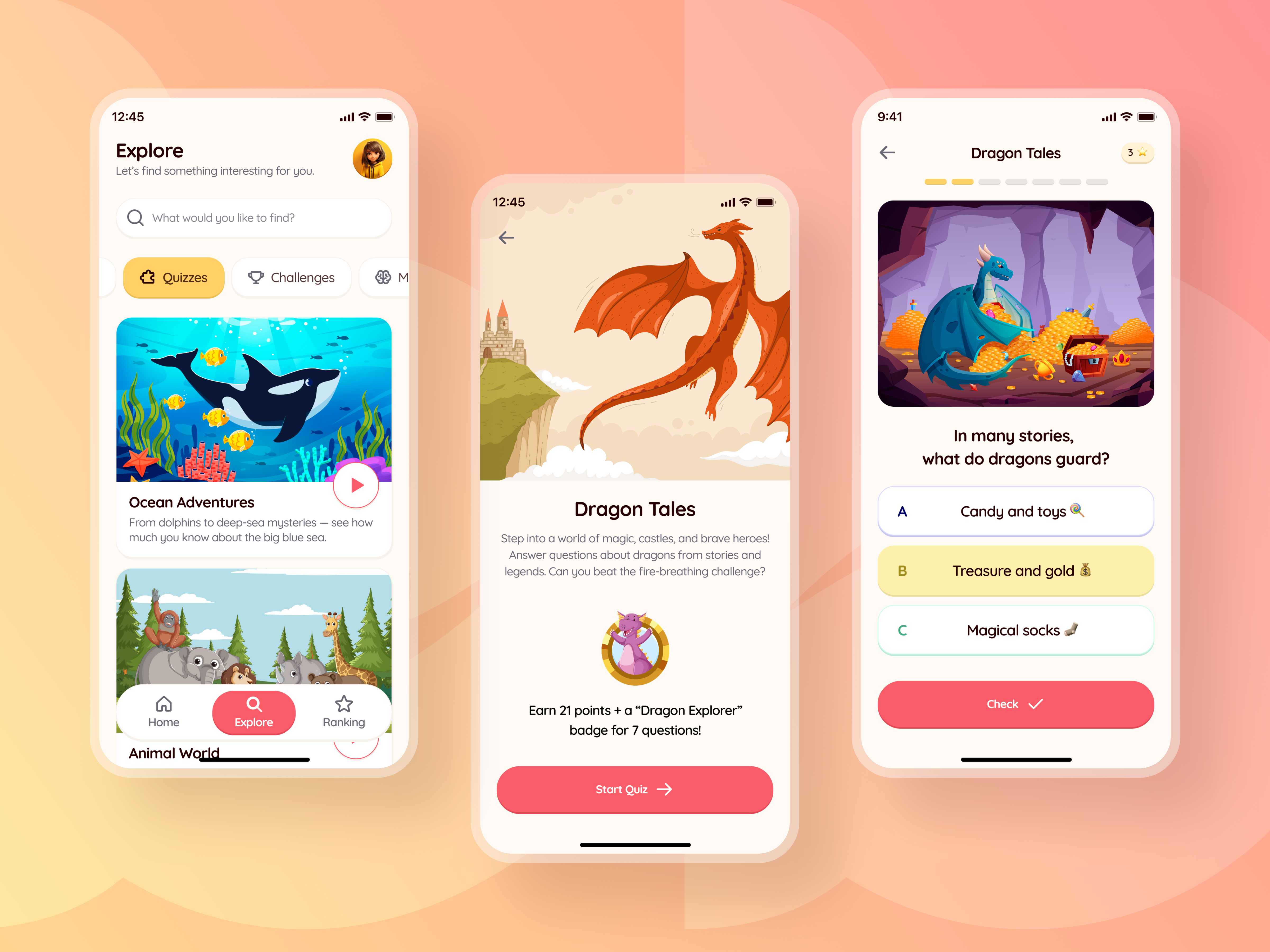 Kids books, challenges, quizzes mobile app app design challenge children learning app clean design education game gamification interface kids app learning mobile app nav bar product quiz study survey ui ux