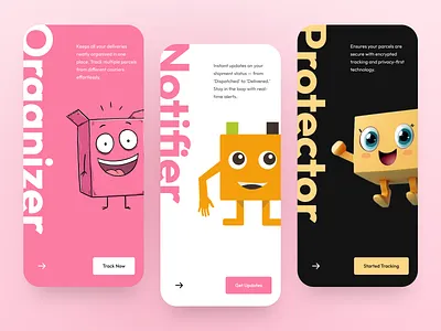 Parcel Tracking App UI/UX – Fun, Friendly & Functional android app app design courier delivery design fun character design ios mobile app mvp onboarding ui design package parcel parcel tracking app shipping track tracking transportation ui ux