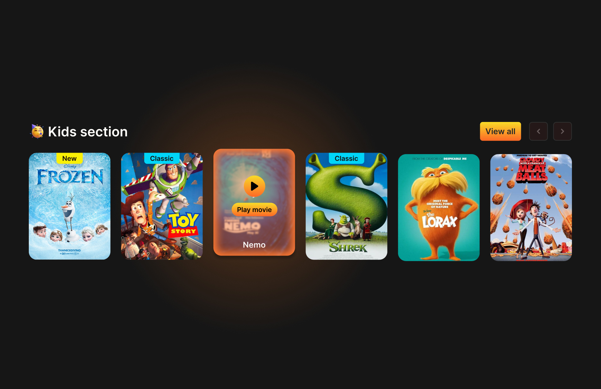 🎬Movie Streaming App: Movie Carousel Design app arrow button card carousel dark desktop film kids mode movie orange platform poster streaming subtitle title website