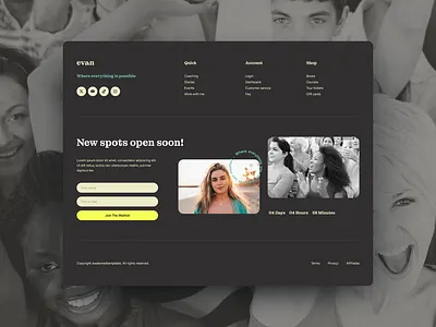 Footer Evan Website Template black and white call to action cta dark website elementor faces footer newsletter subscription people sign up form template ui ux webdesign website website conversion website design website footer website navigation wordpress