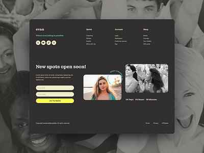 Footer Evan Website Template black and white call to action cta dark website elementor faces footer newsletter subscription people sign up form template ui ux webdesign website website conversion website design website footer website navigation wordpress