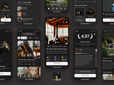Nature Booking App (Dark & Light Mode) booking booking app cabins dark mode eco glamping light mode mobile app nature product design travel