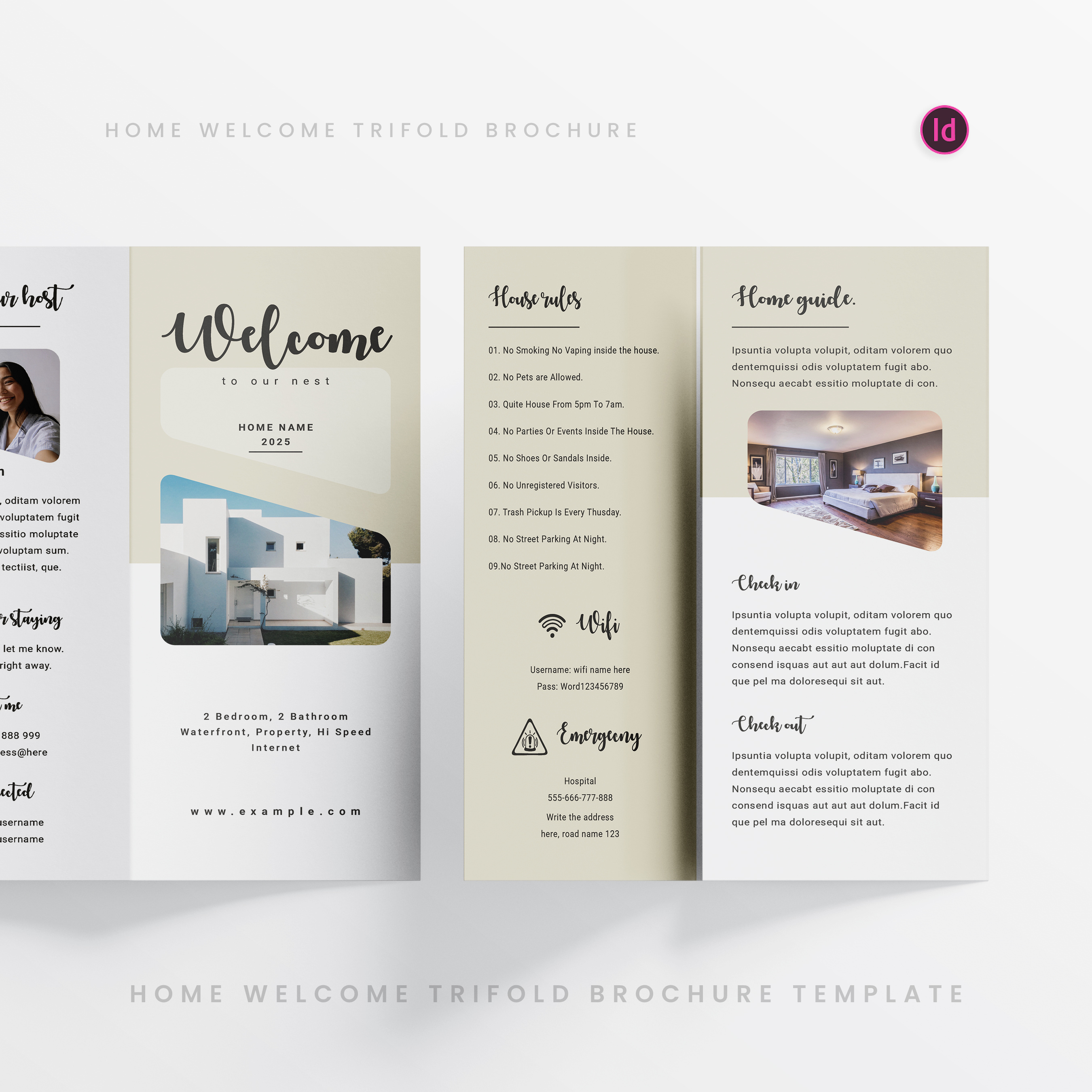 Home welcome trifold brochure advertising book booklet client document editable guide hotel house information layout marketing page print process product rental resort rule welcome