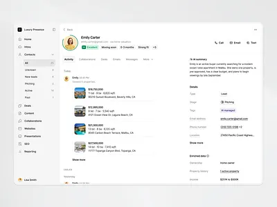 Luxury Presence | CRM (Contact Detail) agent tools complex data contact detail crm customer relationship management enriched data lead score lead stage productdesign profile detail proptech record saas uxuidesign web app