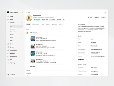 Luxury Presence | CRM (Contact Detail) agent tools complex data contact detail crm customer relationship management enriched data lead score lead stage productdesign profile detail proptech record saas uxuidesign web app