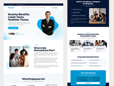HarmoniCare — Smarter Benefits for Modern Businesses branding business business funding clean ui corporatewebsite employee benefis employeebenefits funding graphic design moderndesign ui uiux ux web web design