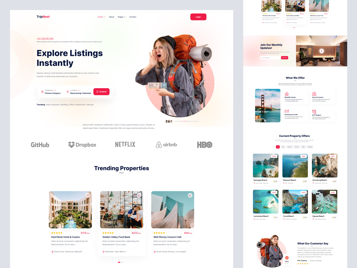 🏕️ TripNest — Travel & Property Listing Landing Page UI booking clean website homepage minimal modern design travel travel landng page travel management company travel website travelling agency trip ui ui design web web design website