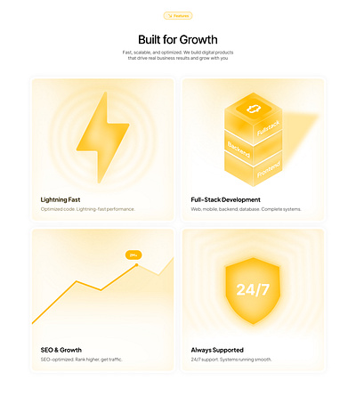 Bento card section for agency landing page. 3d graphic design ui