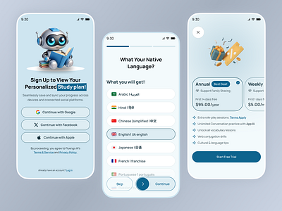 AI Language Tutor App ai app ai assistant ai language tutor app ai onboarding ai tutor android deisgn app design continue with google country select page e learning app ios design language app login mobile app mobile ui design onboarding design singup ui design