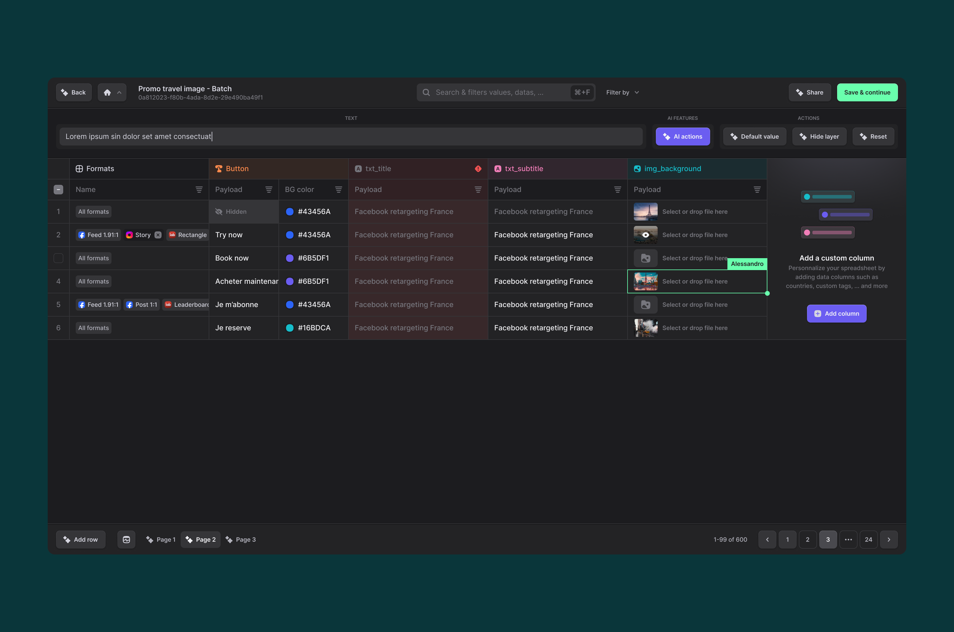 Spreadsheet - Abyssale automation creative automation csv dark mode excel marketing automation product design saas sheets spreadsheet ui ux