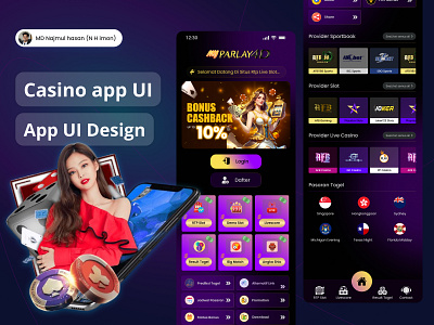 Modern Casino App UI — Dark Neon Gaming Dashboard app interface concept betting app design casino app ui dark mode ui eon gradient ui gambling app ui live casino design mobile game interface mobile ui design modern casino dashboard online gaming app ui purple gold theme slot app ui ui design 2025 ux case study