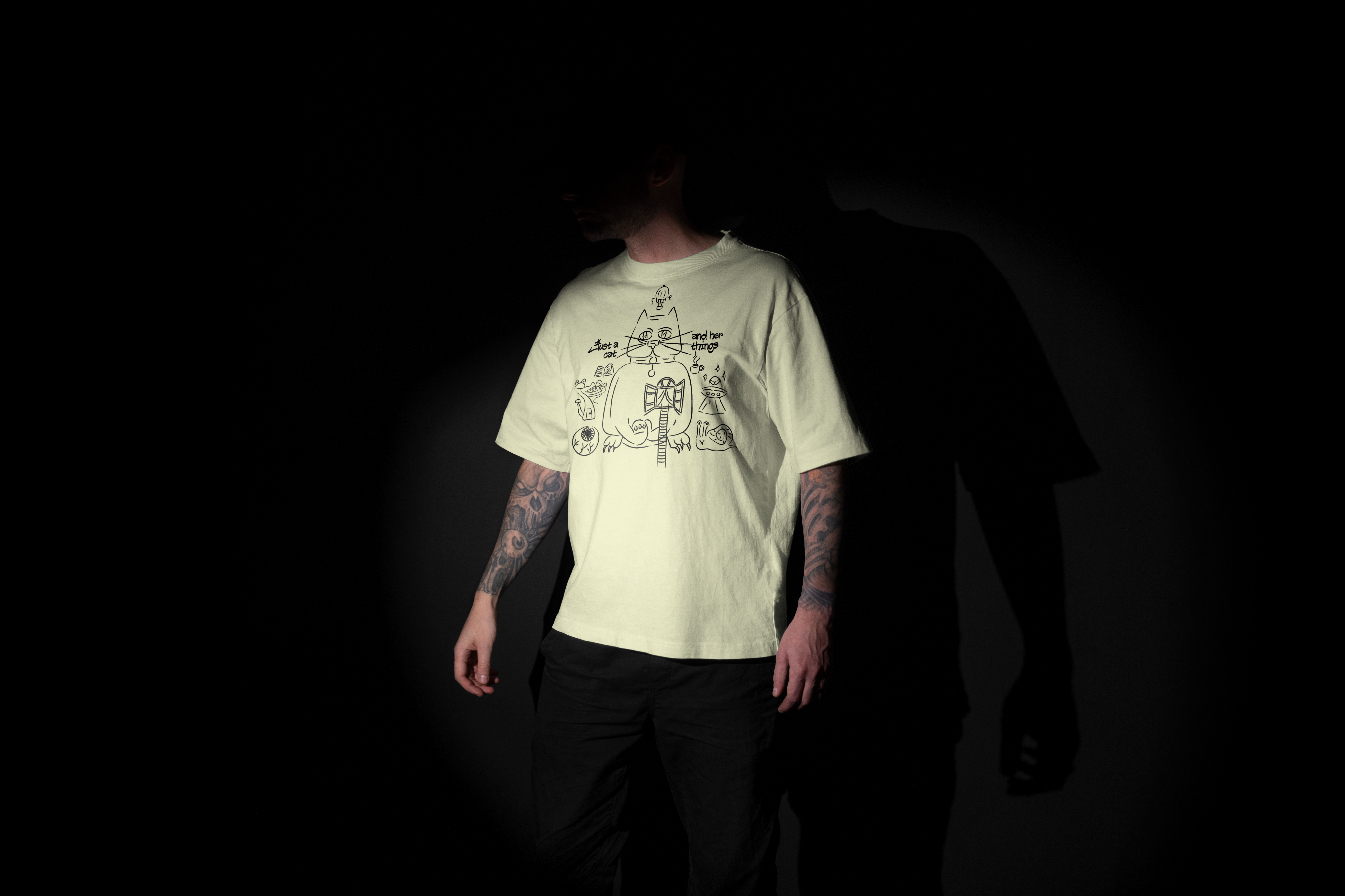 JUST A CAT MERCH cat fantasy fun fun design graphic design illustration merch merch design merchandise minimal minimalist minimalist illustration playful playful merch t shirt design whimsical