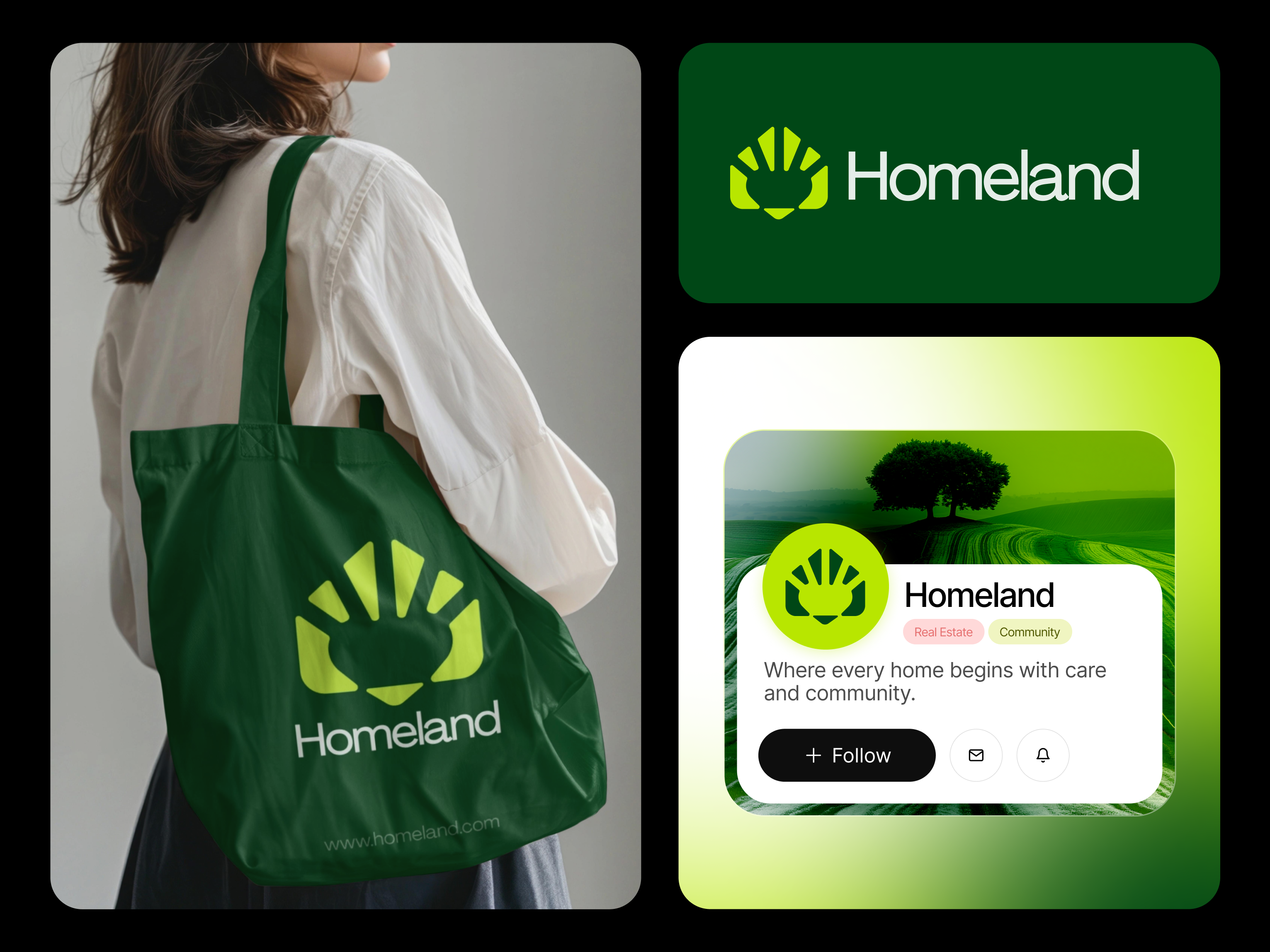 Homeland—Real Estate Brand Identity brand design brand identity branding community logo design green logo home logo house logo housing logo logo logo mark logo type minimal realestate logo deisgn realestatebrandidentity realestatelogo redesign