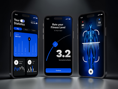 Fitness App Concept appconcept black and blue creativestudio designinspiration digitaldesign fitnessapp medical app mobileui productdesign sport app startupdesign uiuxdesign