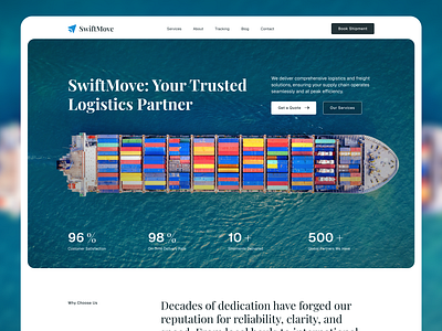 SwiftMove Logistics Company Web Design Landing Page businesswebsite cleandesign design experience freightdesign herosection illustration interface landingpage logisticswebsite maritimedesign minimal modernui page shippingcompany ui uiuxdesign ux webdesign webui