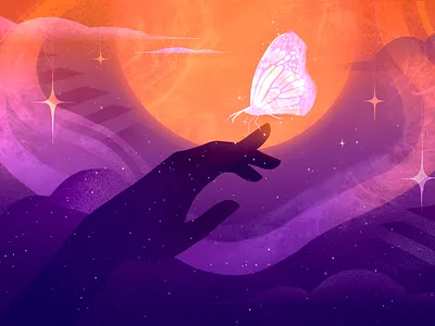 Delicate Peace - Editorial Illustration on Mental Health balance bookcover butterfly cosmos editorial hand health illustration magic mental night peace phycology planet publishing purple sun touch