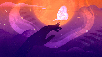 Delicate Peace - Editorial Illustration on Mental Health balance bookcover butterfly cosmos editorial hand health illustration magic mental night peace phycology planet publishing purple sun touch