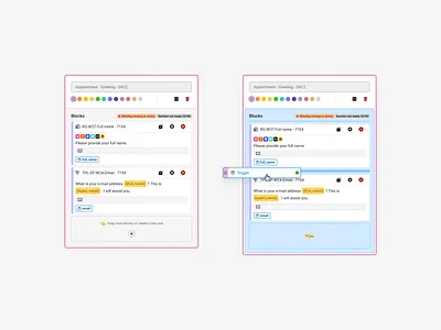 Workflow sections actions blocks call center colors components drag drop edit hover saas sections settings states status tags ui ux workflow