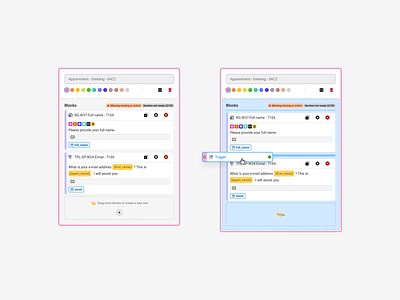 Workflow sections actions blocks call center colors components drag drop edit hover saas sections settings states status tags ui ux workflow