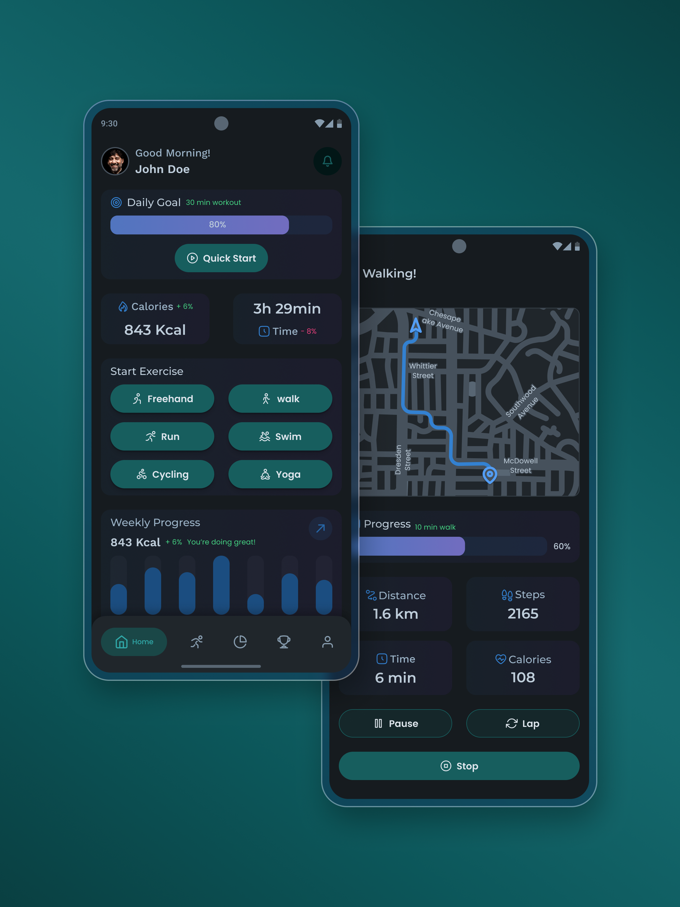 Fitness Tracker Concept activitytracker cleanui darkmode fitnessapp fitnesstracker fitnesstraining fitnessui gradientdesign healthapp minimalui mobileappdesign modernui productdesign runningapp steptracker uiconcept uidesign walkingapp wellnessapp workoutapp