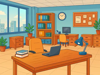 Cartoon office background illustration in vector style 2d background beehaya branding business cartoon coworking custom design designer digital graphic design high quality illustration image office ui ux vector workspace