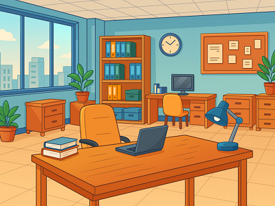Cartoon office background illustration in vector style 2d background beehaya branding business cartoon coworking custom design designer digital graphic design high quality illustration image office ui ux vector workspace