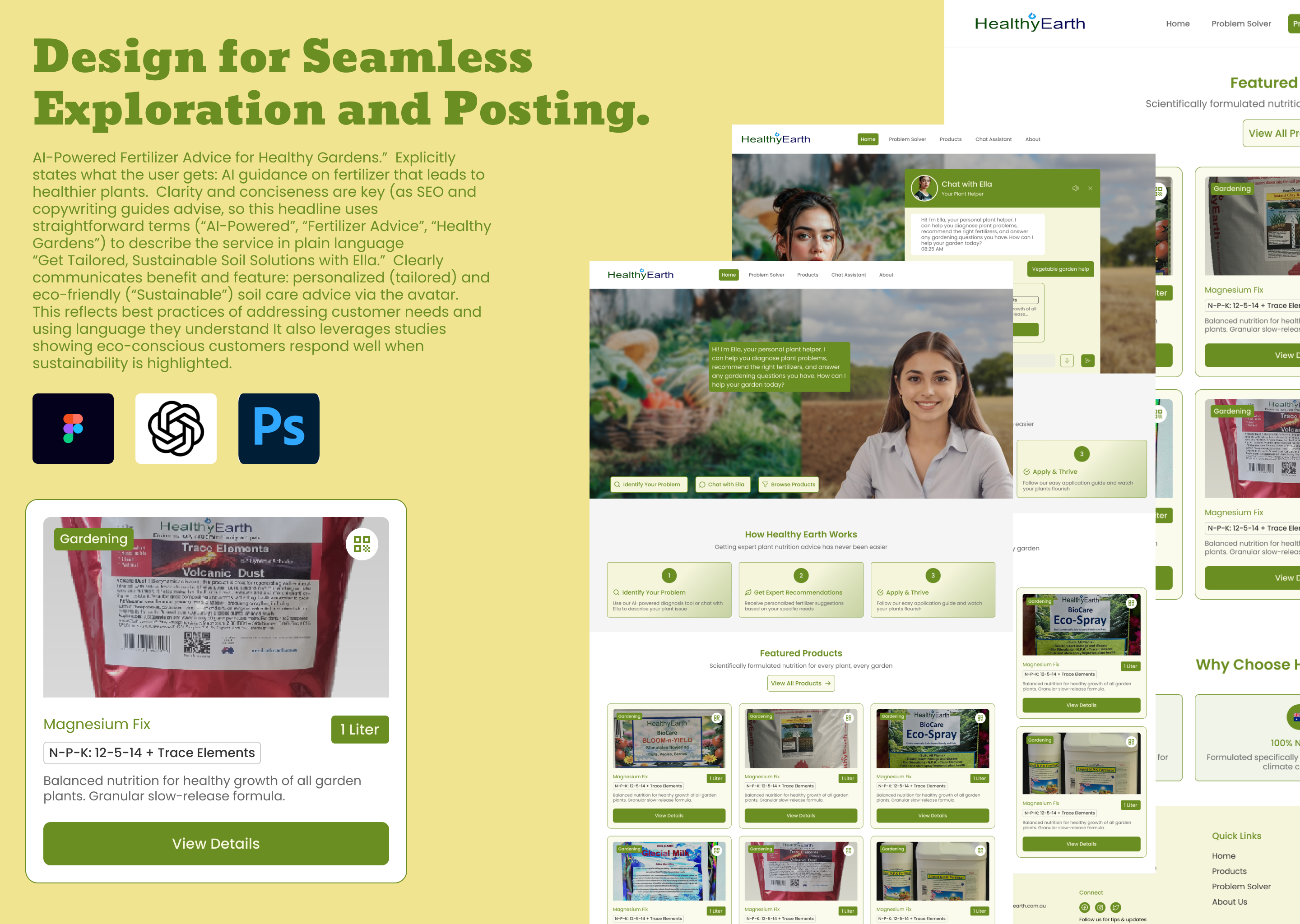 Healthy Earth – AI Avatar Assisted Eco Website Design ai assistant ai design avatar design concept design eco brand environmental design figma gardening interactive design landing page design motion interaction nature inspired design organic products prototyping responsive design ui design ux design visual design voice interaction web design