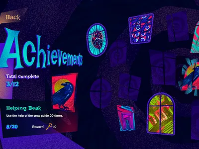 Achievements UI for a puzzle platformer achievement cartoon game gradient graphic design gui horror illustration interface retro typography ui ux