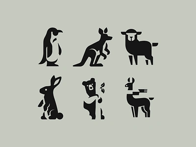 Monochrome animals animal bear brand branding bunny design elegant illustration kangaroo logo logotype mark minimalism minimalistic modern negative space negativespace penguin sheep sign