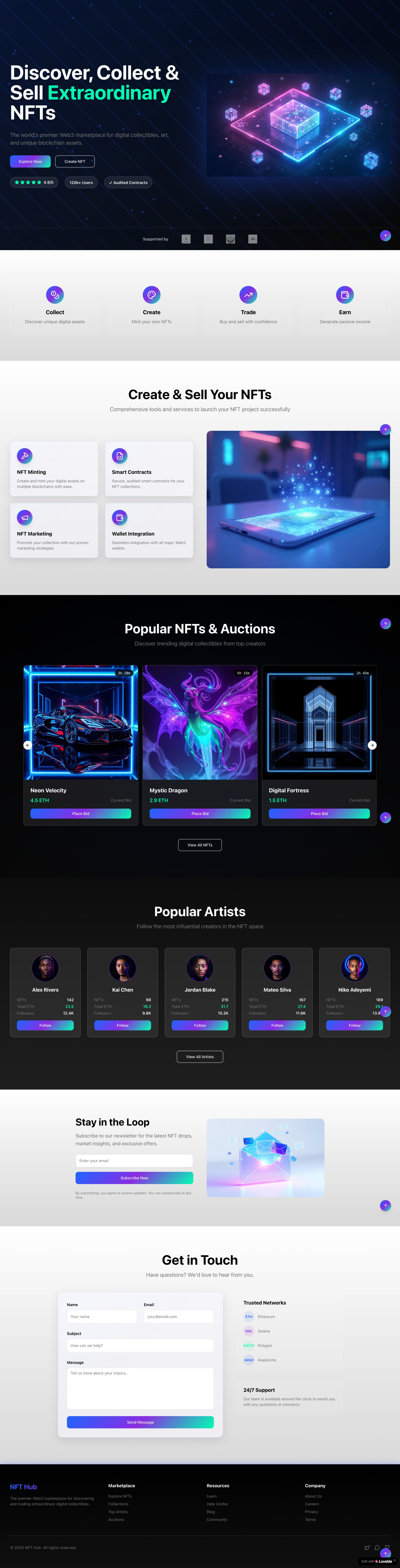 NFT Hub – Discover, Collect & Trade Extraordinary Digital Assets corporate design figma framer landing page modern react shopify ui ux website website design website development wisdmlabs wordpress