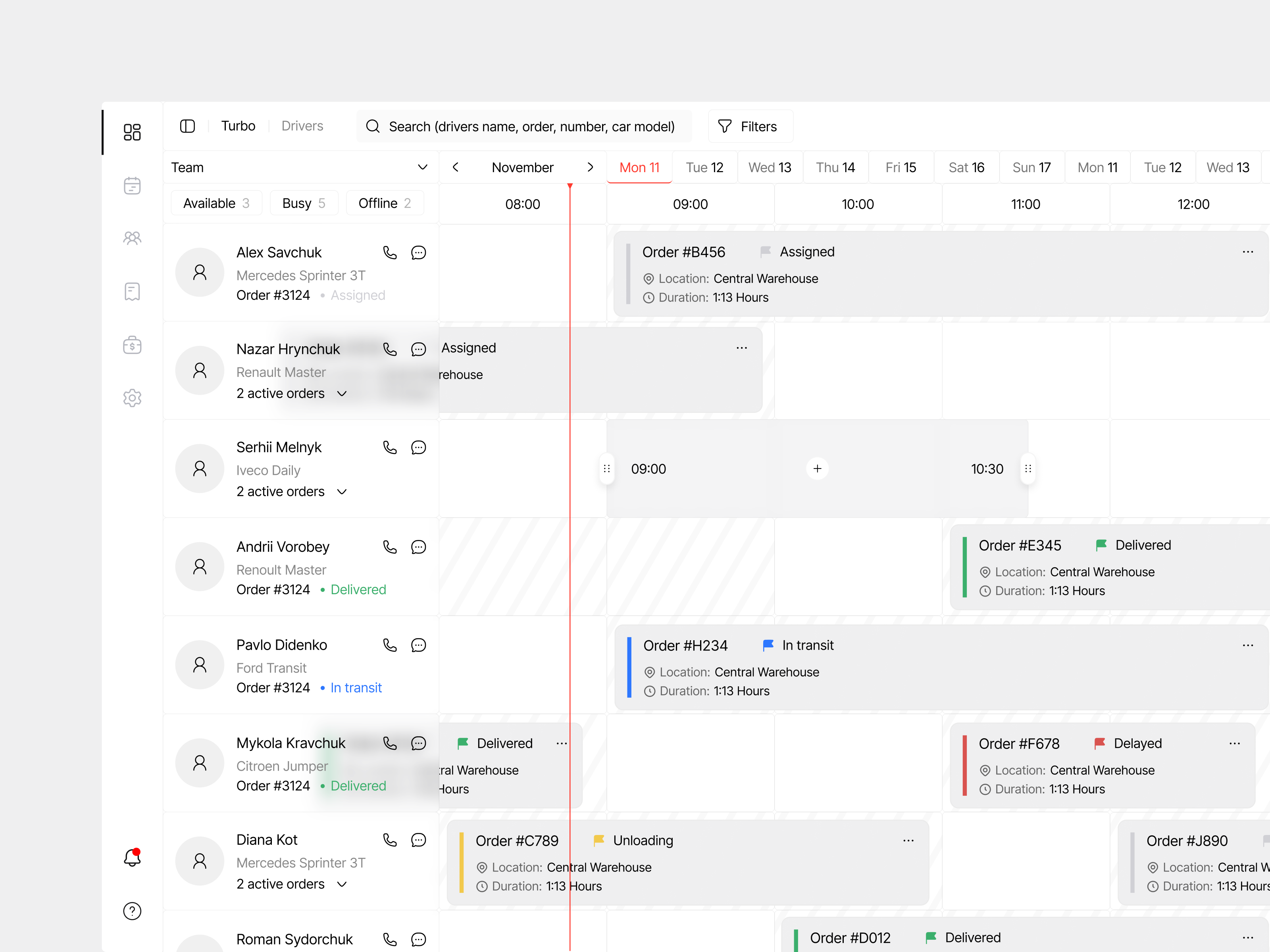 Driver Schedule Dashboard dashboard fleetmanagement logistics productdesign saasdesign timelineui transportation uidesign uxdesigner webappdesign