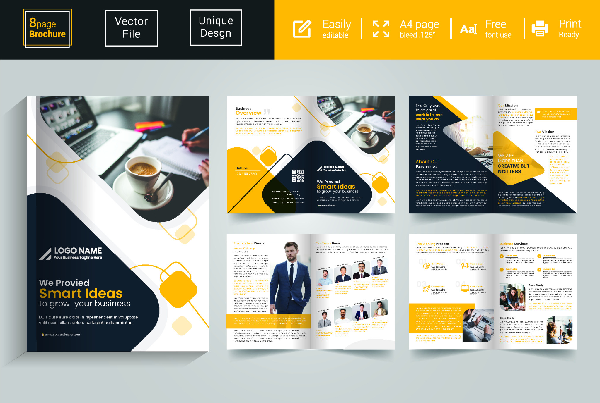 8-Page Bifold Multipurpose Brochure Design booklet brochure brochure design business catalog clean corporate design flyer geometric graphics layout marketing modern photography presentation print professional template yellow