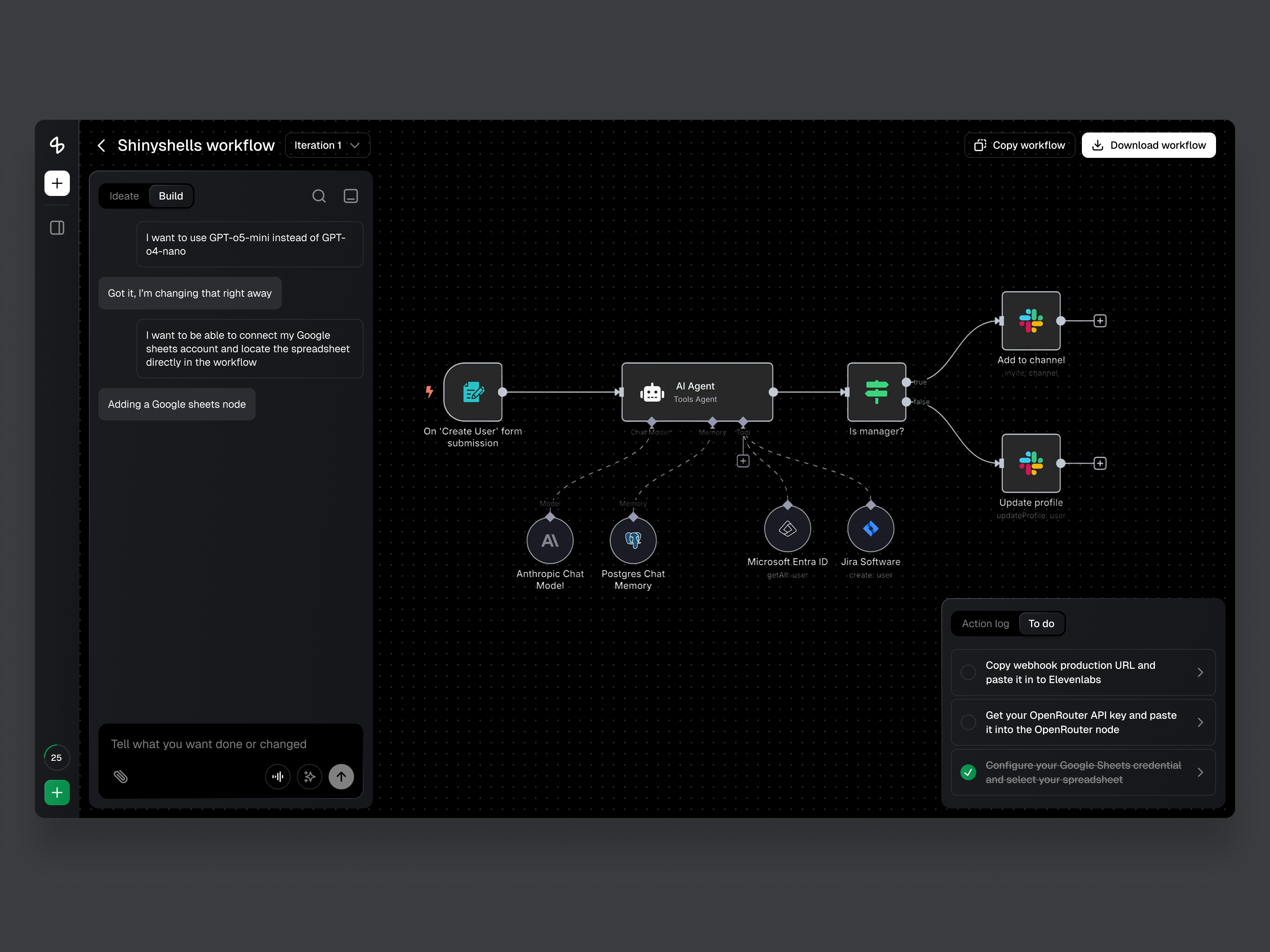 AI workflow builder agent agentic ai automation black brainstorm chat dark dashboard flow node prompt task ui ux workflow