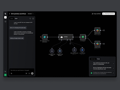 AI workflow builder agent agentic ai automation black brainstorm chat dark dashboard flow node prompt task ui ux workflow
