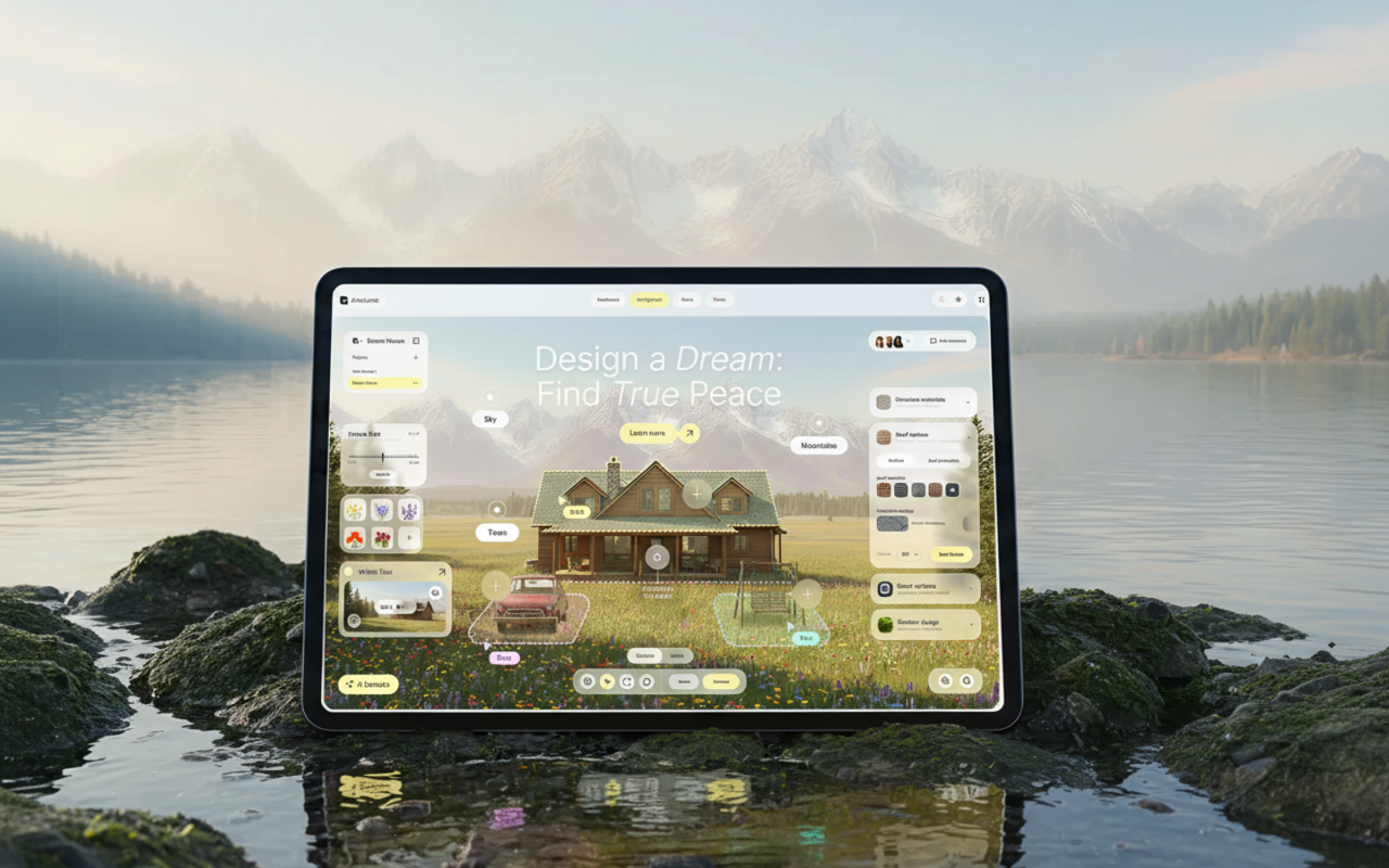 home configurator \ Aires Lands 3d 3d design ai app design b2b business configurator crm dashboard home editor house configurator liquid glass product real estate saas visualization web app web configuraotr web configurator
