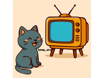 Cat Sitting Next to Television analog antenna broadcast cartoon electronic elevtricity entertainment media news nostalgia old retro screen showing signal technology television tv vintage watch