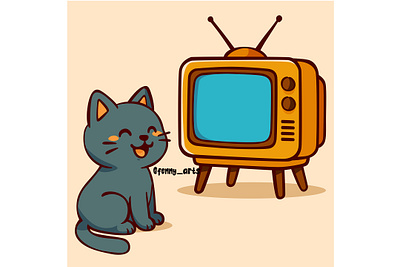 Cat Sitting Next to Television analog antenna broadcast cartoon electronic elevtricity entertainment media news nostalgia old retro screen showing signal technology television tv vintage watch
