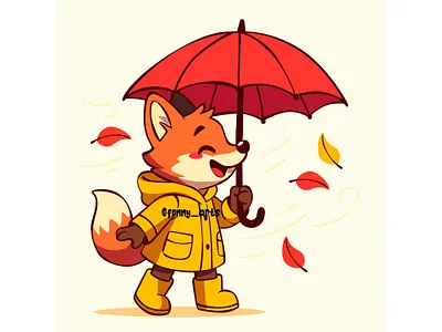 Cartoon Fox Holding Umbrella animal autumn background calm celebration cozy cute fall foliage fox leaf leaves nature orange outside scenery season sunrise warm yellow