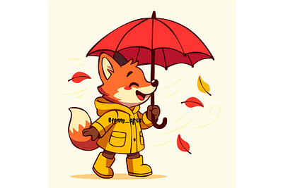Cartoon Fox Holding Umbrella animal autumn background calm celebration cozy cute fall foliage fox leaf leaves nature orange outside scenery season sunrise warm yellow