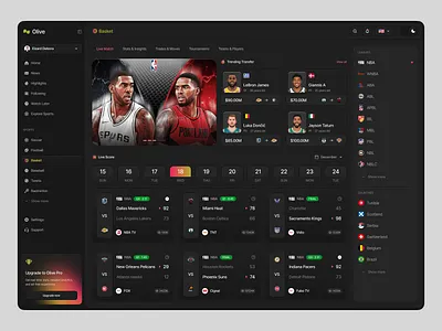 Olive — Sport Live Dashboard basket basketball dark theme dashboard design data visualization design system football live score nba product design real time analytics sport sports sports dashboard sports ui ui design user interface ux design ux motion web design