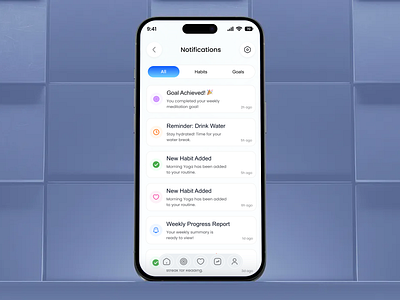 MindTrack – Notifications Screen clean ui focus app goal tracker habit tracker health tracker healthy lifestyle ios app design mindfulness app minimal design mobile app modern ui notification screen productivity app progress tracker self care app ui design user interface ux design wellness design wellness tracker