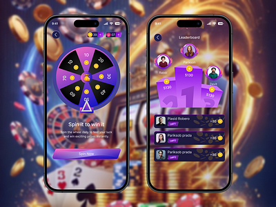 Spin & Win – Casino Reward Game App UI Design casino app casino app ui casino game concept daily rewards dark mode ui game ui gamification leaderboard mobile app mobile app design neon gradient reward app reward game design spin and win spin wheel uiux design