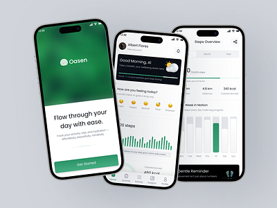 Oasen Mobile App — Minimal Health Tracking Experience apps clean design dashboard design health app health care health tracking homepage ios minimalist mobile app mobile design onboarding overview tracking ui uidesign uiux ux uxdesign